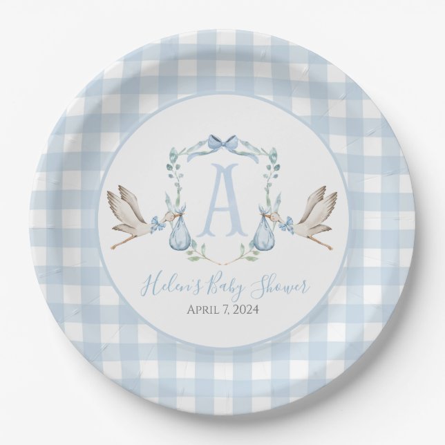 Preppy Southern Blue Boy Stork Baby Shower Paper Plates (Front)