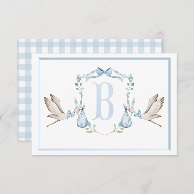 Preppy Southern Blue Boy Stork Baby Shower Thank You Card (Front/Back)