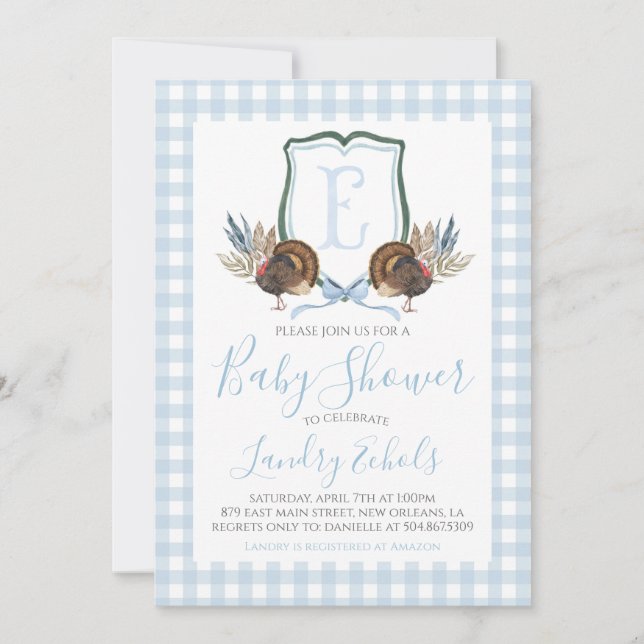 Preppy Southern Blue Boy Turkey Hunter Baby Shower Invitation (Front)