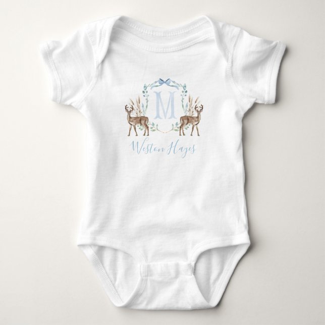 Preppy Southern Blue Deer Boy Baby Shower Baby Bodysuit (Front)