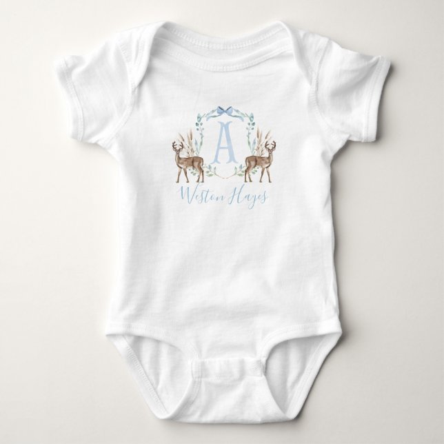 Preppy Southern Blue Deer Boy Baby Shower Baby Bodysuit (Front)