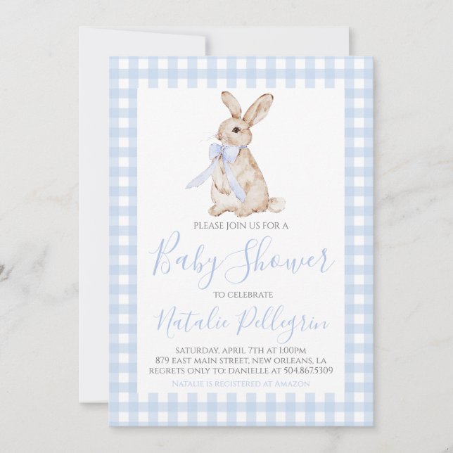 Preppy Southern Blue Gingham Bunny Baby Shower Invitation (Front)