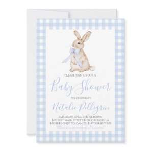 Preppy Southern Blue Gingham Bunny Baby Shower Invitation