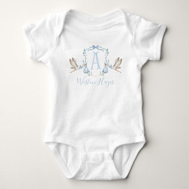 Preppy Southern Blue Stork Boy Baby Shower Baby Bodysuit (Front)