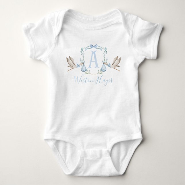 Preppy Southern Blue Stork Boy Baby Shower Bodysuit (Front)