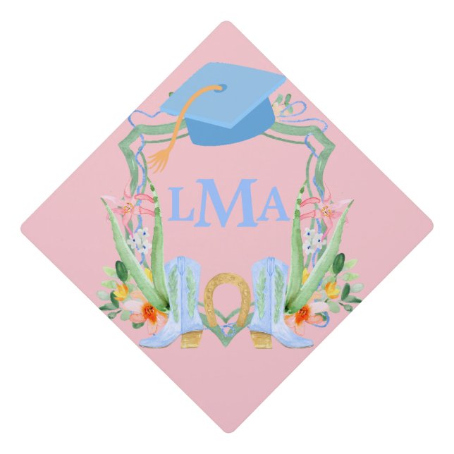 Preppy Southern Cowgirl Monogram Graduation Square Graduation Cap Topper (Front)