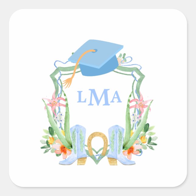 Preppy Southern Cowgirl Monogram Graduation Square Sticker (Front)