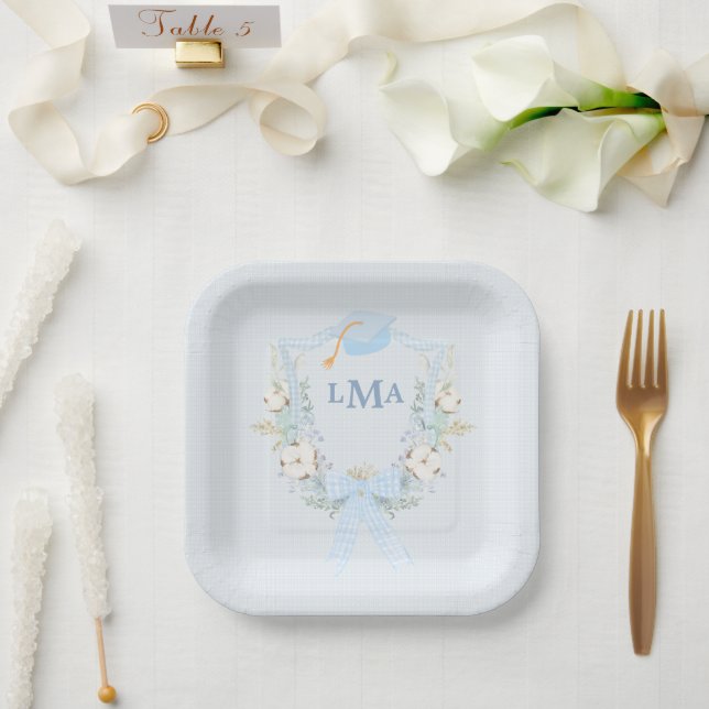 Preppy Southern Gingham Monogram Graduation Paper Plates (Wedding)
