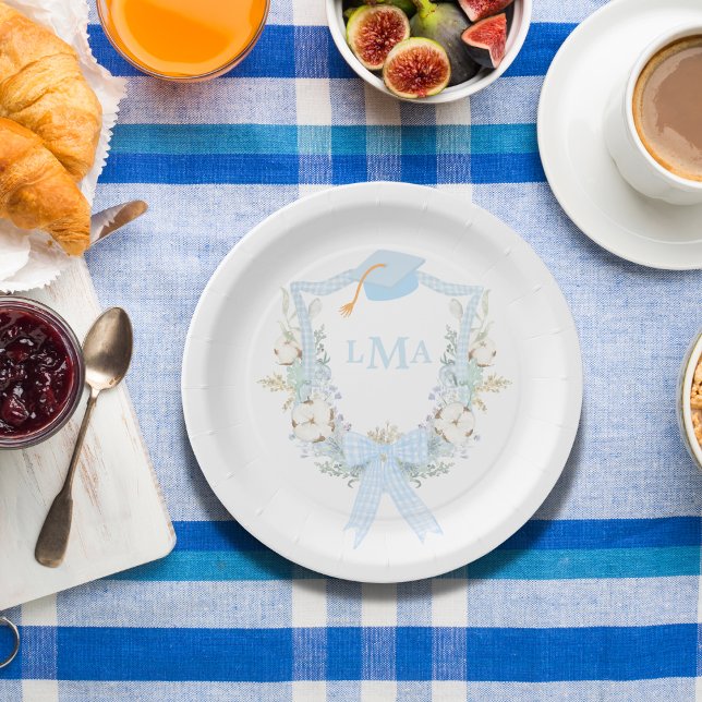 Preppy Southern Gingham Monogram Graduation Paper Plates (Creator Uploaded)
