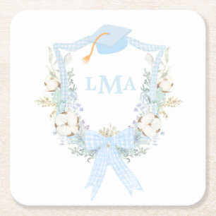 Preppy Southern Gingham Monogram Graduation Square Paper Coaster