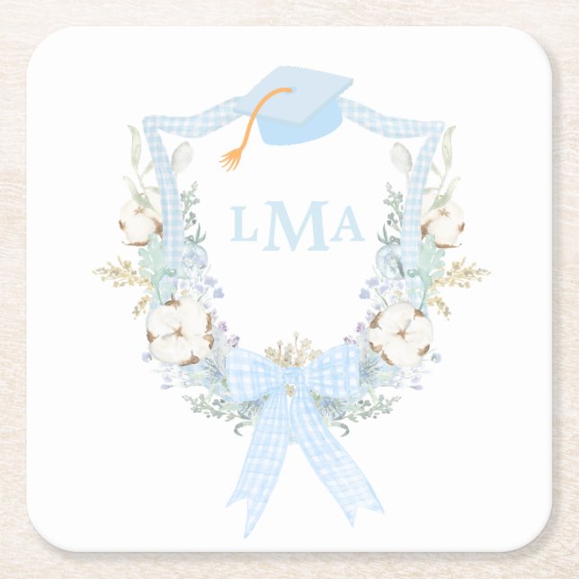 Preppy Southern Gingham Monogram Graduation Square Paper Coaster (Front)