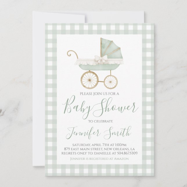 Preppy Southern Green Boy Carriage Baby Shower Invitation (Front)