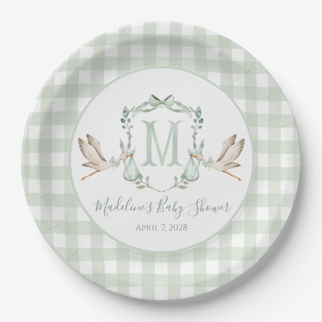 Preppy Southern Green Stork Baby Shower Paper Plates (Front)