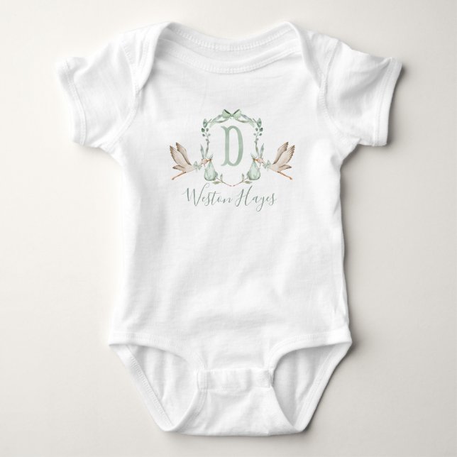 Preppy Southern Green Stork Boy Baby Shower Bodysuit (Front)