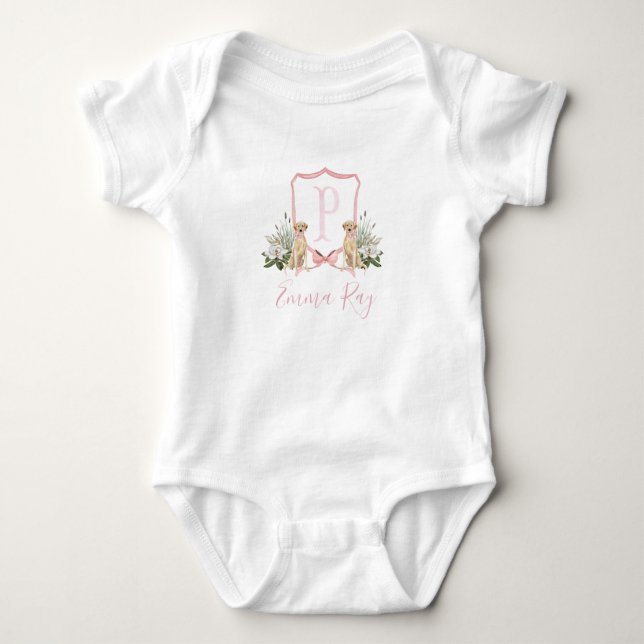 Preppy Southern Pink Dog Girl Baby Shower Bodysuit (Front)