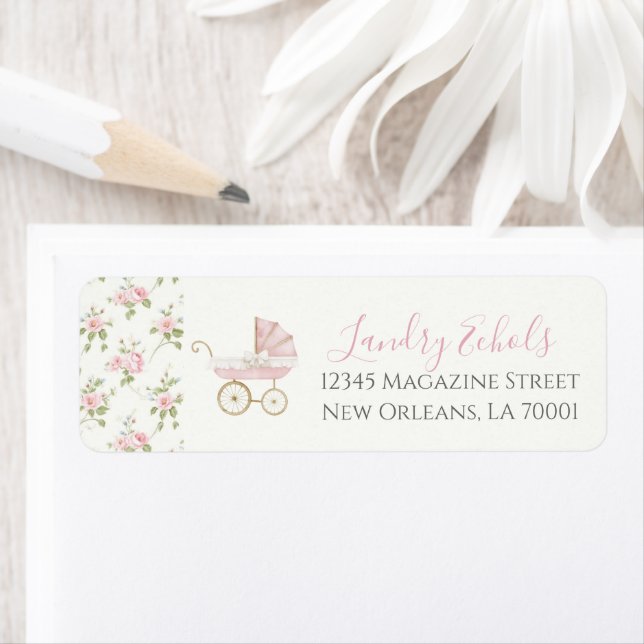 Preppy Southern Pink Floral Baby Shower Label (Insitu)