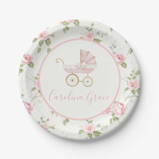 Preppy Southern Pink Floral Girl Baby Shower Paper Plates (Front)