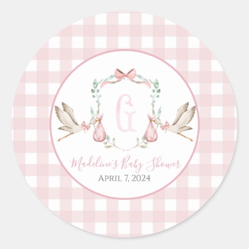 Preppy Southern Pink Girl Stork Baby Shower Classic Round Sticker