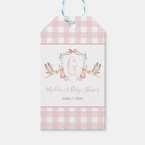 Preppy Southern Pink Girl Stork Baby Shower Gift Tags