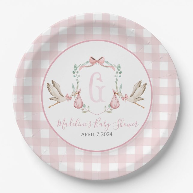 Preppy Southern Pink Girl Stork Baby Shower Paper Plates (Front)