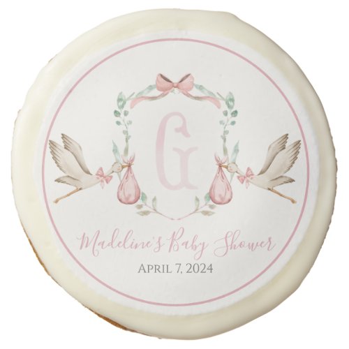 Preppy Southern Pink Girl Stork Baby Shower Sugar Cookie