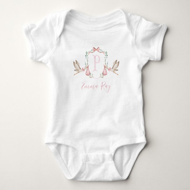 Preppy Southern Pink Stork Girl Baby Shower Bodysuit (Front)