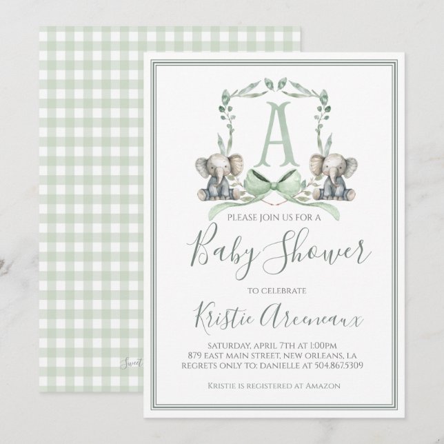 Preppy Southern Sage Boy Elephant Baby Shower Invitation (Front/Back)