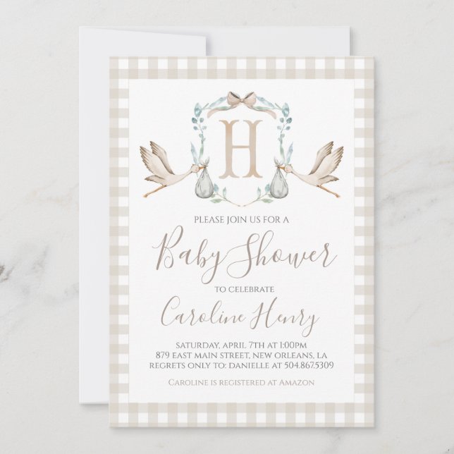 Preppy Southern Tan Stork Baby Shower Invitation (Front)