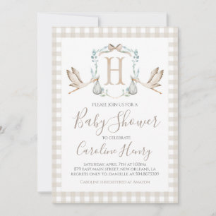 Preppy Southern Tan Stork Baby Shower Invitation