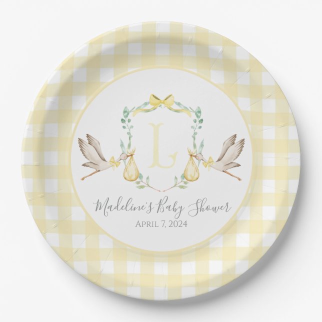 Preppy Southern Yellow Stork Baby Shower Paper Plates (Front)
