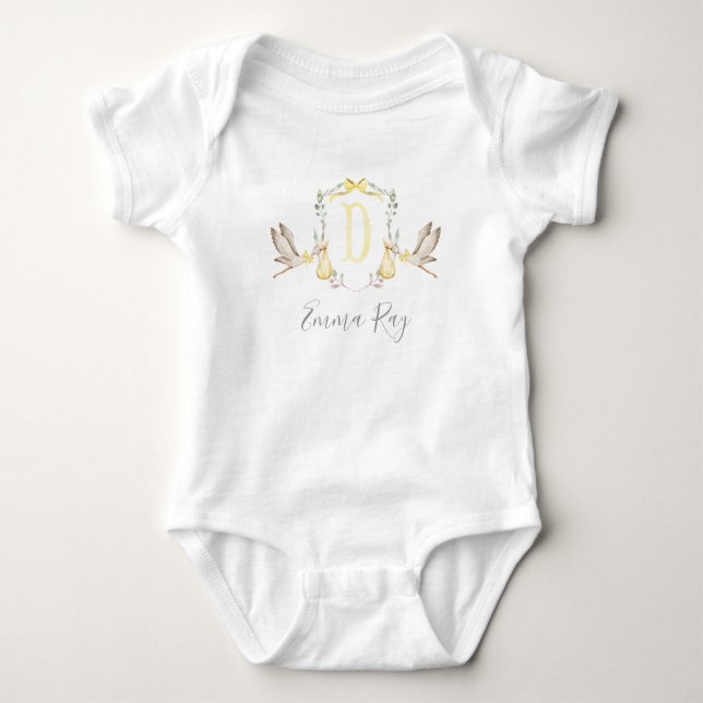Preppy Southern Yellow Stork Girl Baby Shower Bodysuit (Front)