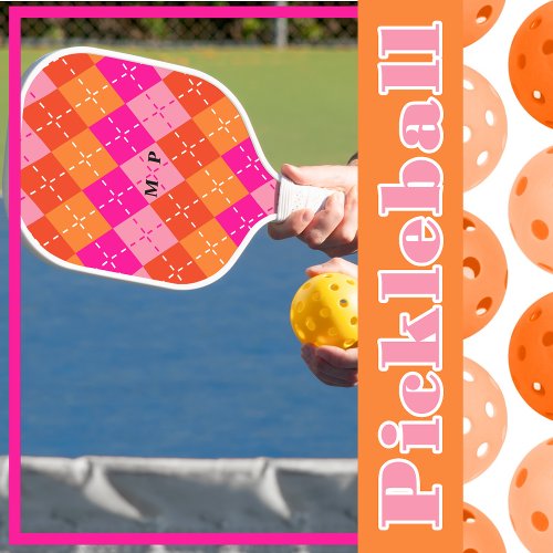 Preppy Sporty Pink and Orange Argyle Personalized Pickleball Paddle