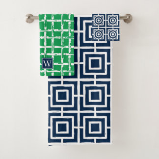 Preppy Square Lattice - Green & Navy Monogram Bath Towel Set