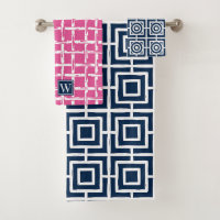 Preppy Square Lattice - Hot Pink & Navy Monogram