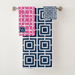 Preppy Square Lattice - Hot Pink & Navy Monogram Bath Towel Set