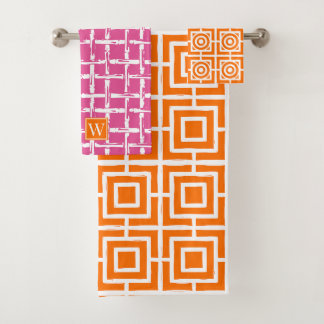 Preppy Square Lattice - Hot Pink & Orange Monogram Bath Towel Set