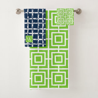 Preppy Square Lattice - Lime & Navy Monogram Bath Towel Set