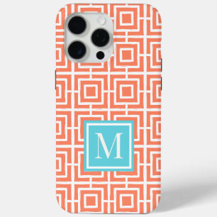 Preppy Square Lattice Monogram Coral & Turqouise iPhone 15 Pro Max Case