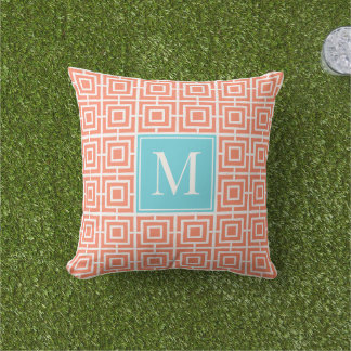 Preppy Square Lattice Monogram - Coral & Turquoise Outdoor Pillow