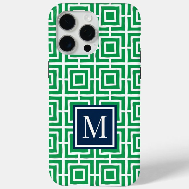 Preppy Square Lattice Monogram – Green & Navy Case-Mate iPhone Case (Back)