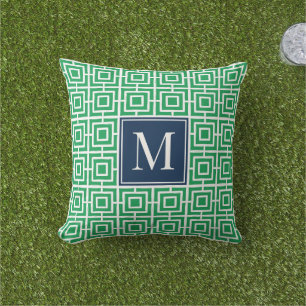 Preppy Square Lattice Monogram – Green & Navy Outdoor Pillow