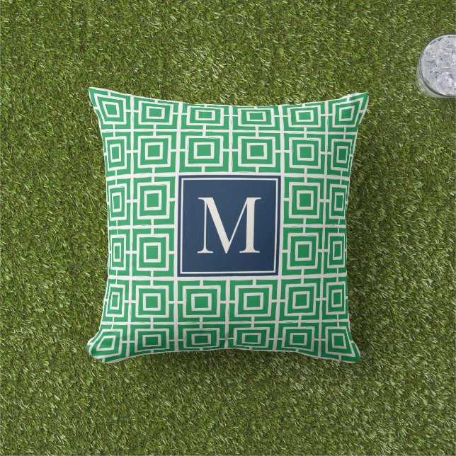 Preppy Square Lattice Monogram – Green & Navy Outdoor Pillow (Grass)