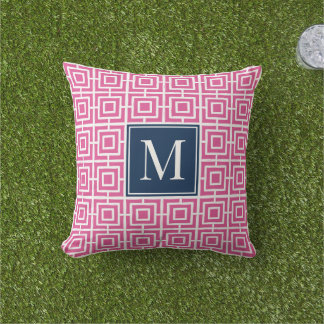 Preppy Square Lattice Monogram – Hot Pink & Navy Outdoor Pillow