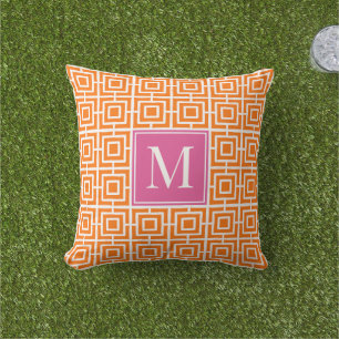 Preppy Square Lattice Monogram Hot Pink & Orange Outdoor Pillow