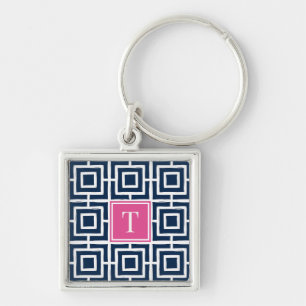 Preppy Square Lattice Monogram - Navy & Hot Pink Keychain