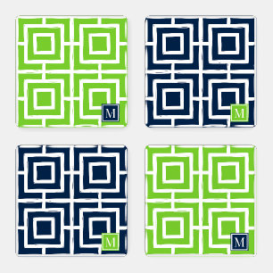 Preppy Square Lattice Monogram Navy & Lime Coaster Set