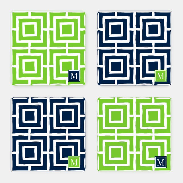 Preppy Square Lattice Monogram Navy & Lime Coaster Set (Set)
