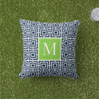 Preppy Square Lattice Monogram – Navy & Lime Outdoor Pillow