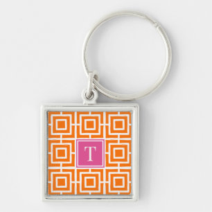 Preppy Square Lattice Monogram Orange & Hot Pink Keychain
