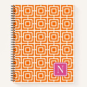 Preppy Square Lattice Monogram Orange Hot Pink Notebook
